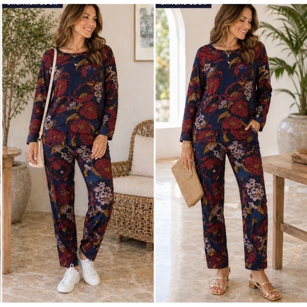 LOFT Floral 2pc Set Blouse Pants Boho Lounge Resort Matching Outfit M
